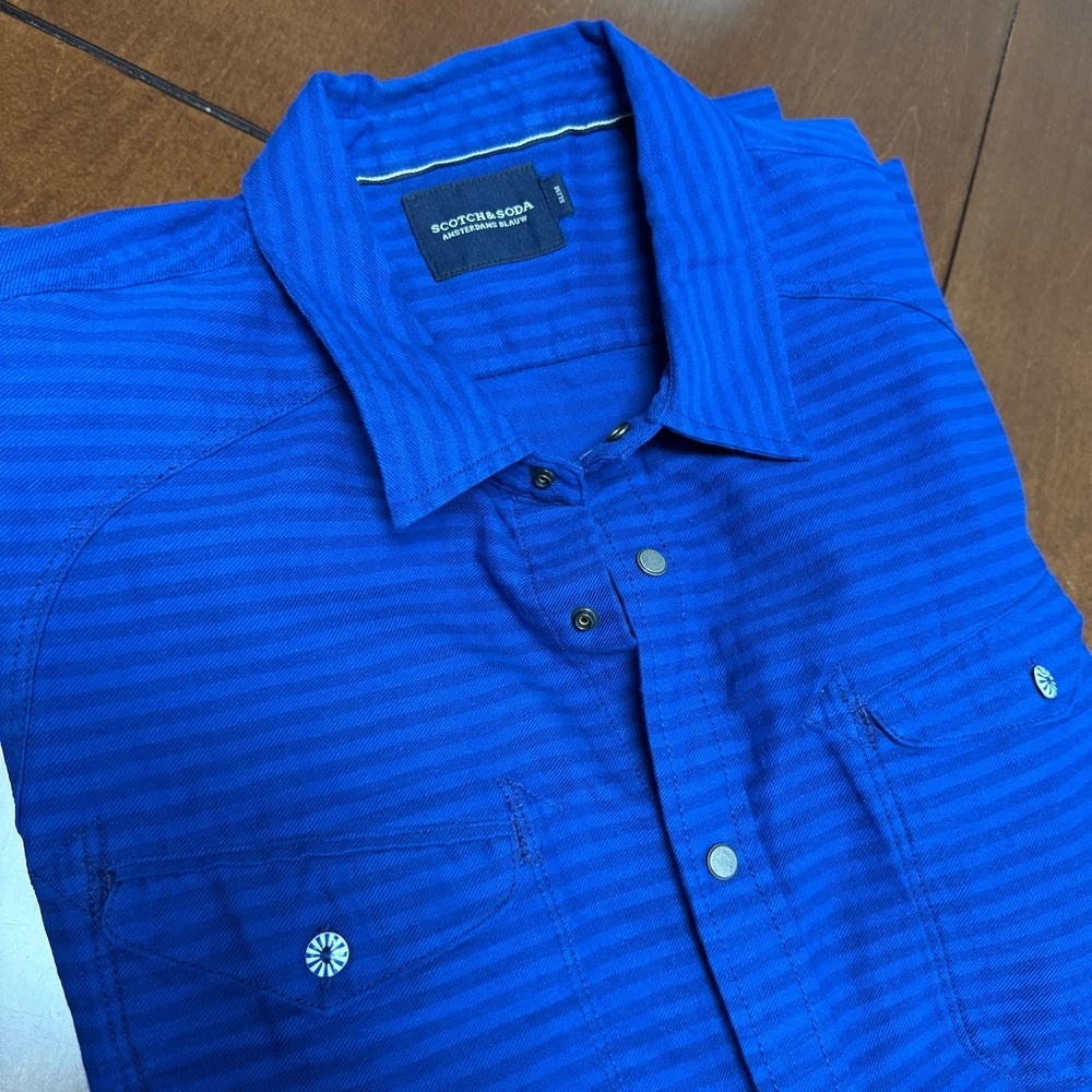 Scotch & Soda Amsterdam Blauw Indigo Lamplight Striped Slim-Fit XL Snap Front LS